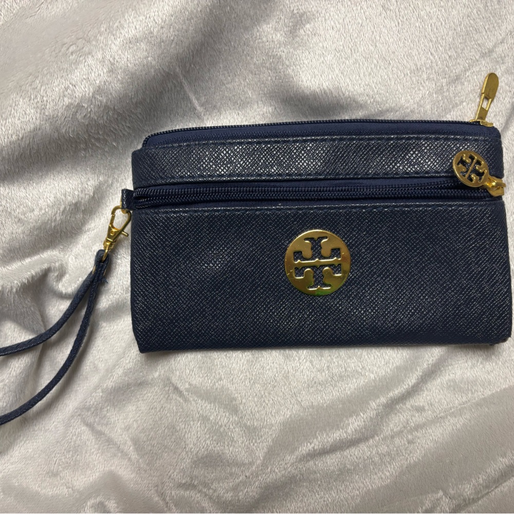 Tory Burch Dark Blue Wristlet with Gold Details